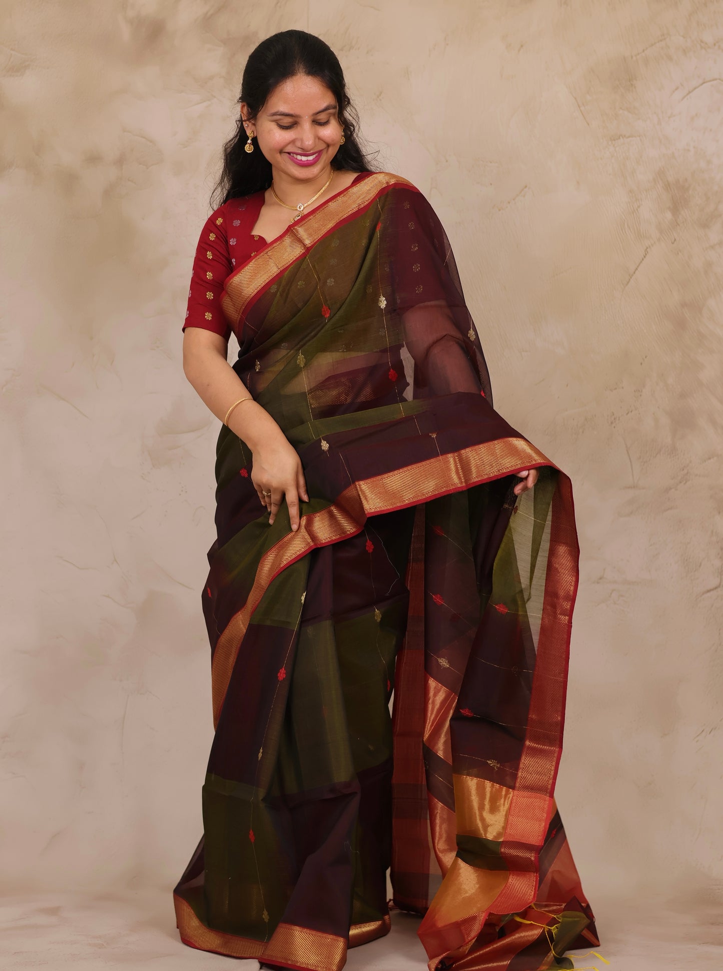 Wine & Green Handloom Maheswari Silk Cotton Sarees | Looms & Tassels