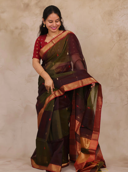 Wine & Green Handloom Maheswari Silk Cotton Sarees | Looms & Tassels