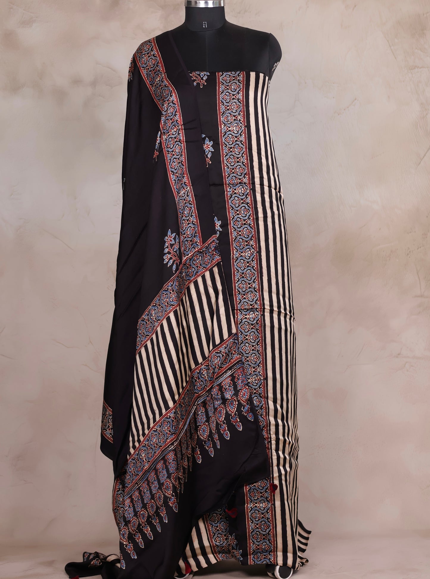 Black Ajrakh Handblock Printed Modal Silk 2 Piece Suit Set | Looms & Tassels