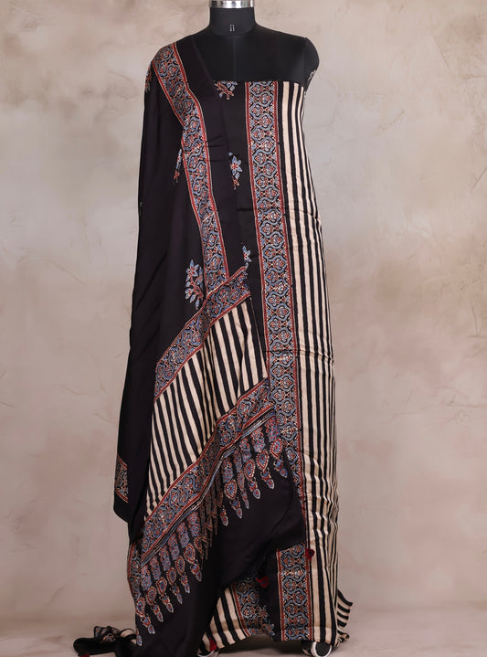 Black Ajrakh Handblock Printed Modal Silk 2 Piece Suit Set | Looms & Tassels