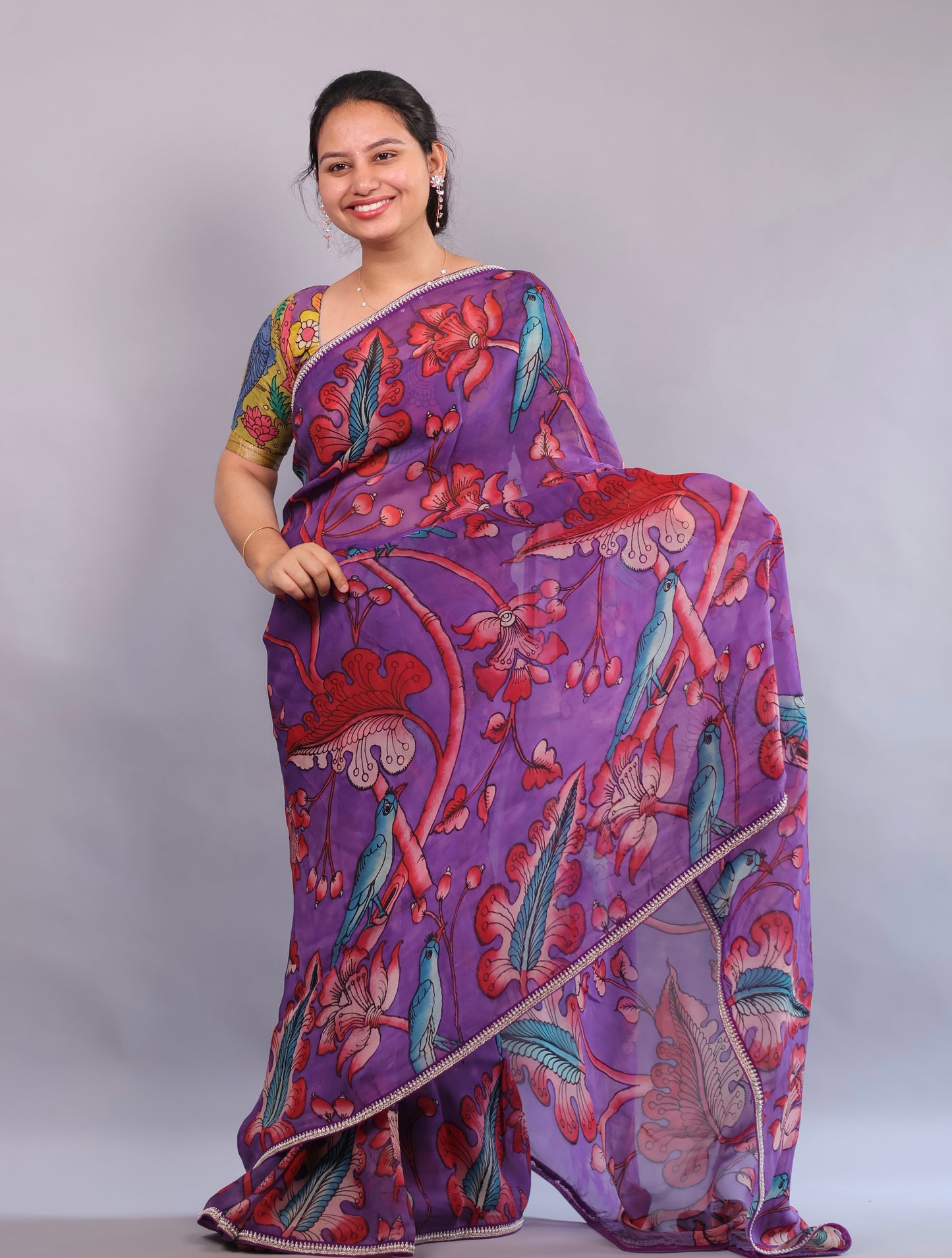 Purple Hand Painted Pen Kalamkari Organza Saree