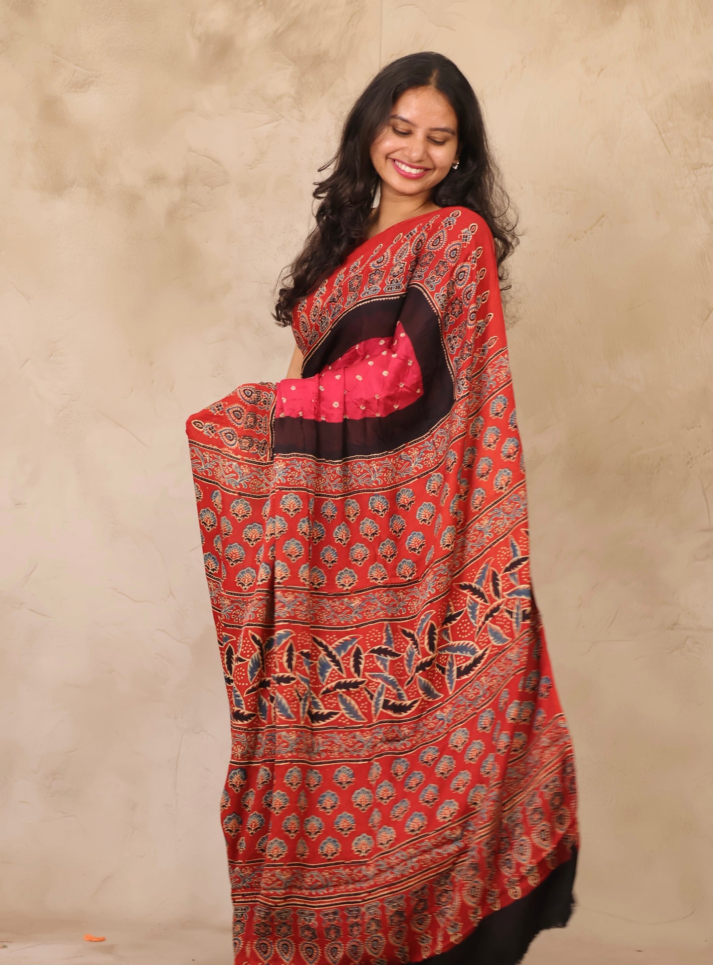 Pink Hand Knotted Ajrakh Bandhej Modal Silk Saree | Looms & Tassels