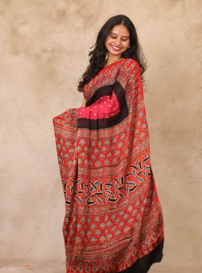 Pink Hand Knotted Ajrakh Bandhej Modal Silk Saree | Looms & Tassels