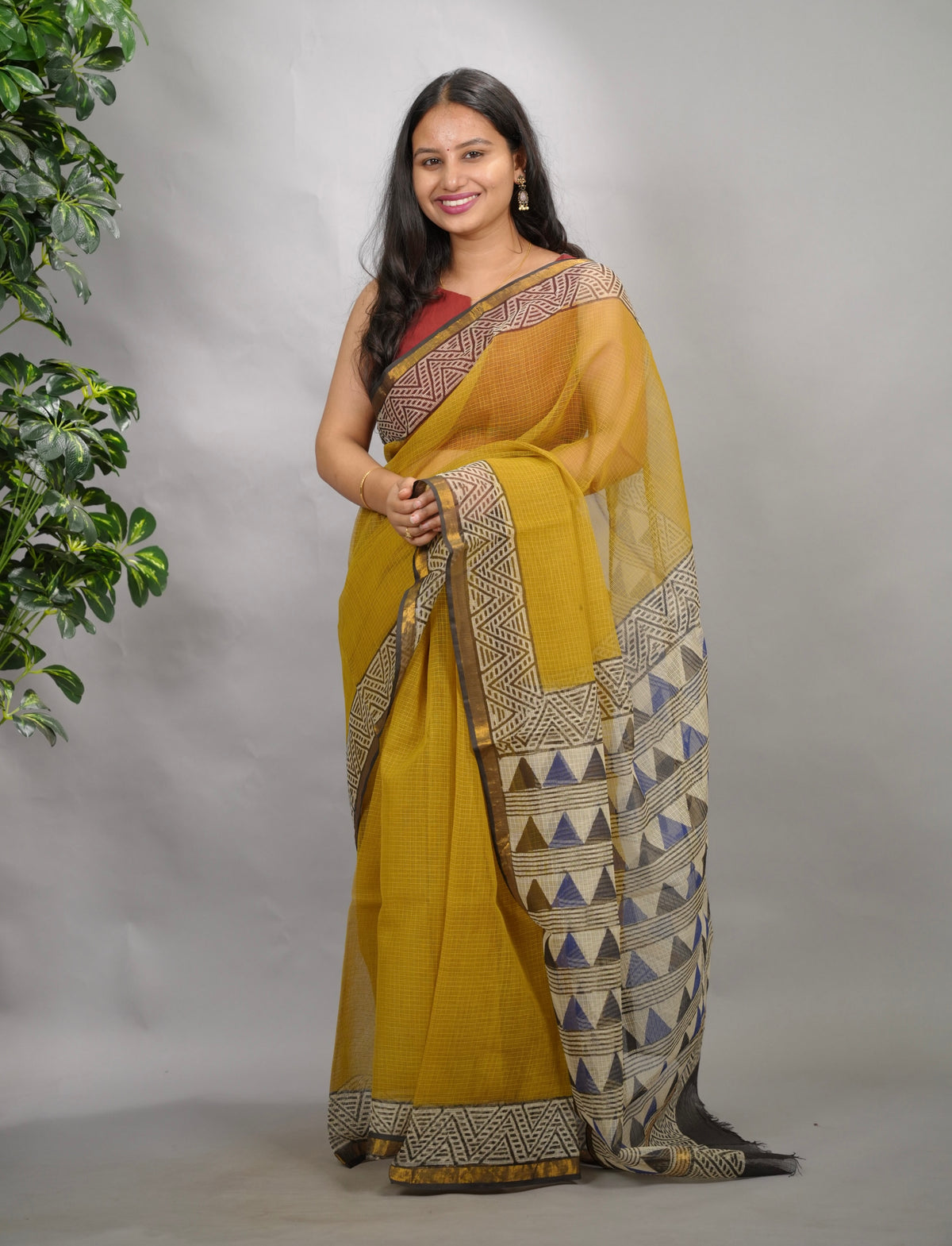 Mustard Pure Kota Doria Saree with Bagru Handblock Prints