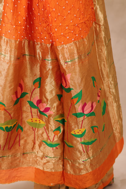 Orange Handcrafted Bandhani Paithani Dola Silk Saree | Looms & Tassels