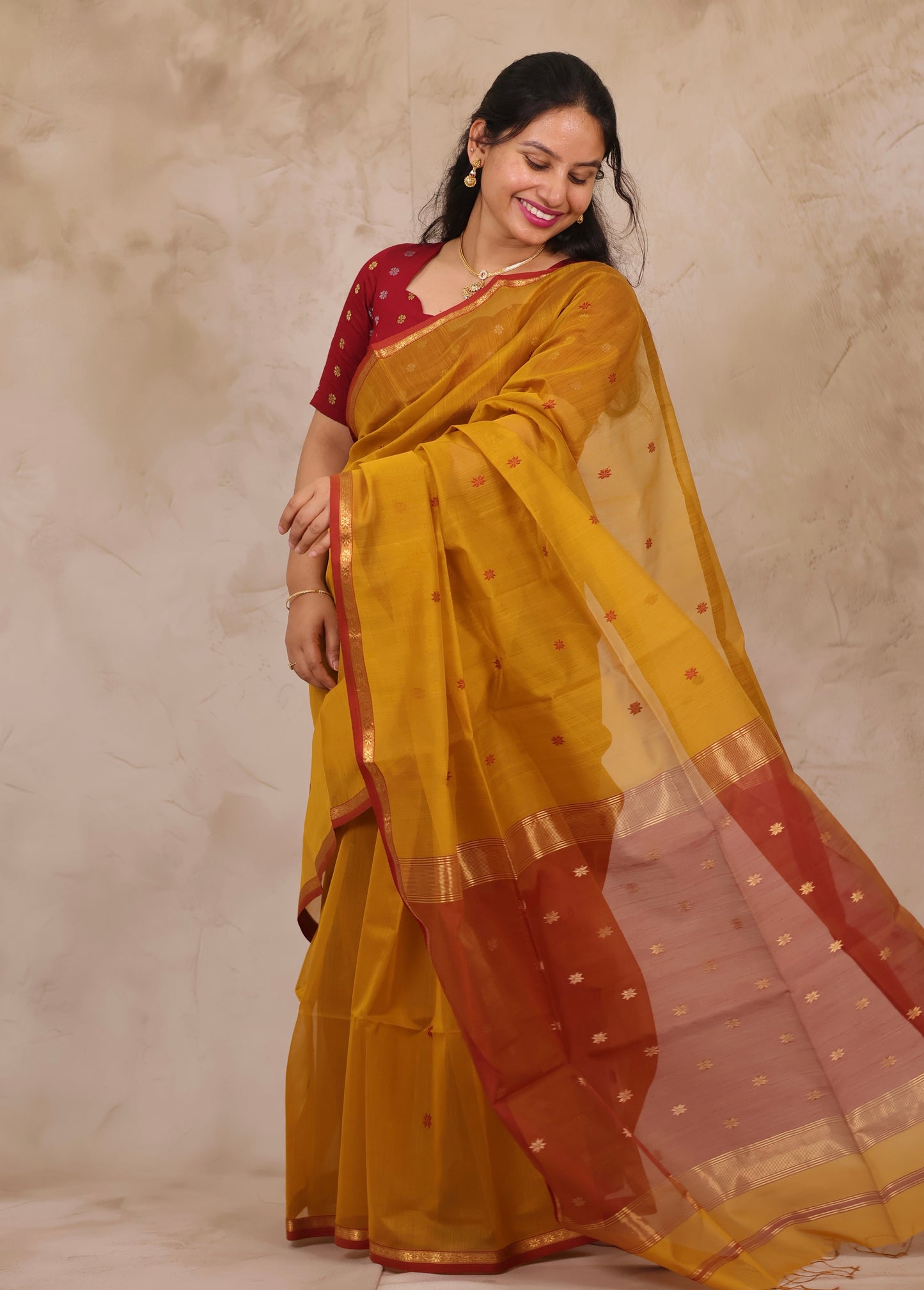 Mustard Handloom Maheswari Silk Cotton Sarees | Looms & Tassels
