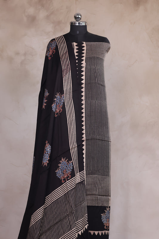 Black Stripes Contemporary Ajrakh Handblock Printed Modal Silk 2 Piece Suit Set | Looms & Tassels