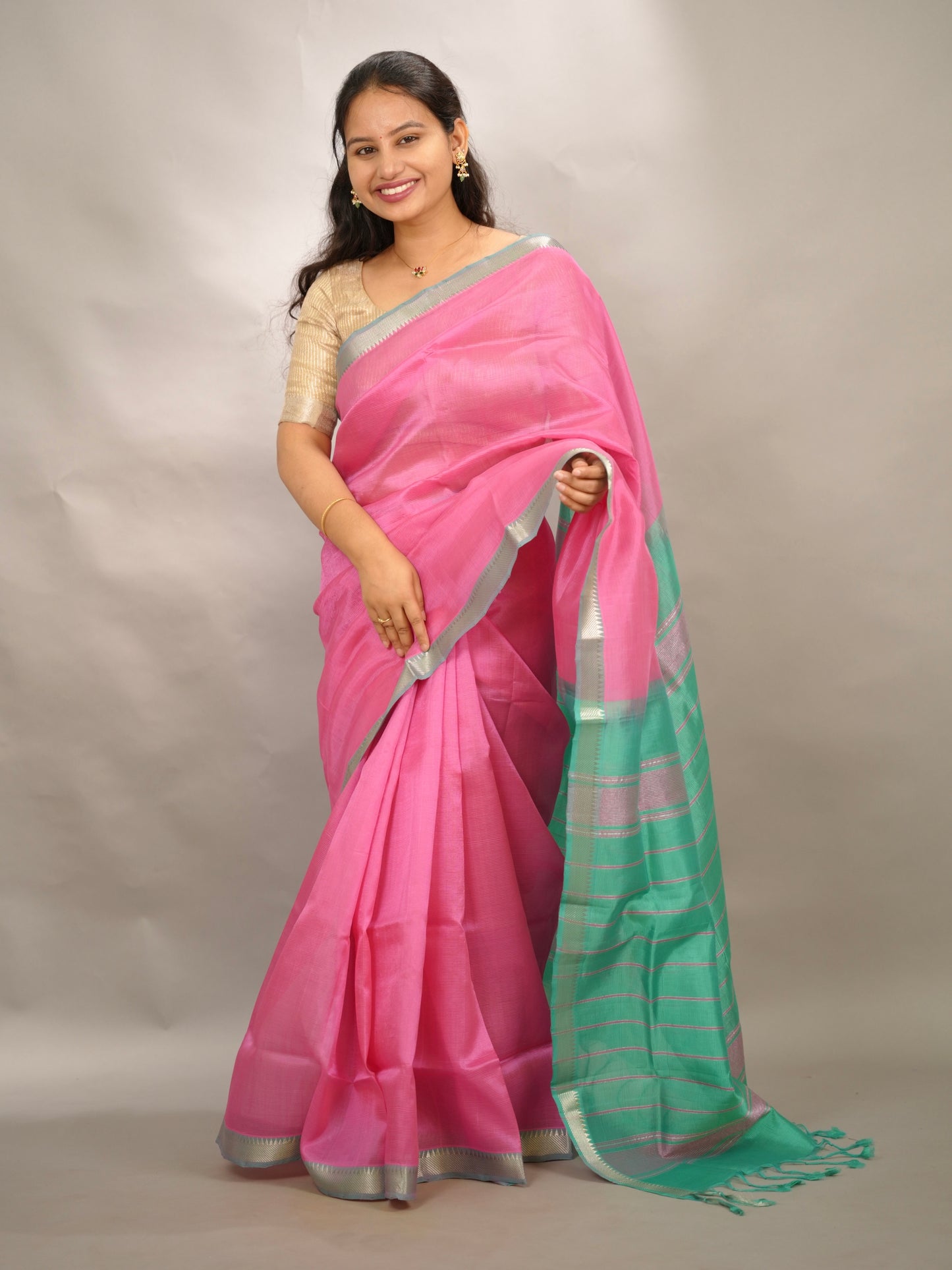 Baby Pink & Seagreen Handloom Mangalagiri Silk Saree| Looms & Tassels