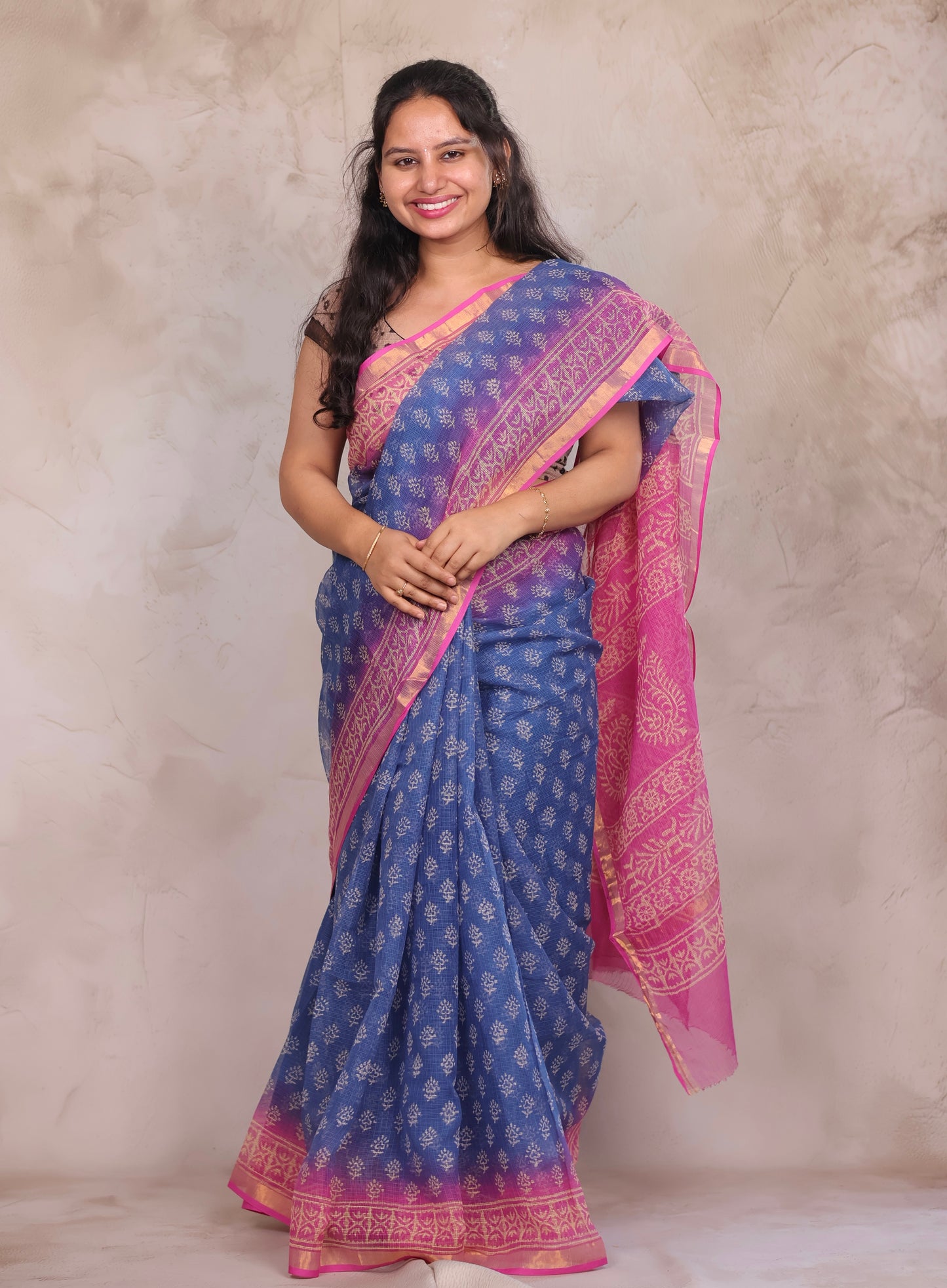 Blue And Rani pink Dual Shade Pure Kota Doria Saree with Bagru Handblock Prints | Looms & Tassels