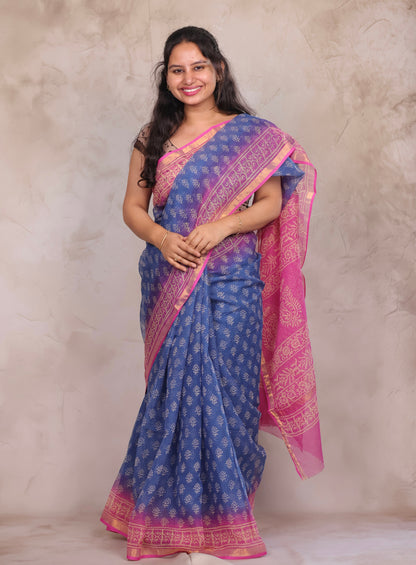 Blue And Rani pink Dual Shade Pure Kota Doria Saree with Bagru Handblock Prints | Looms & Tassels