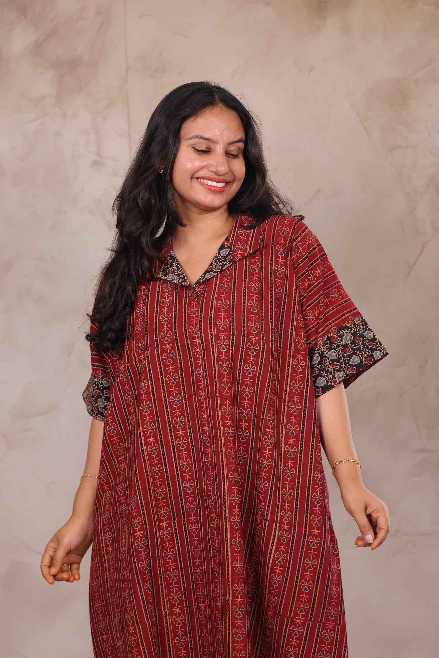 Red Ajrakh Handblock Printed Cotton Kaftan shirt dress – Elegant & Breathable Ethnic Wear | Looms & Tassels