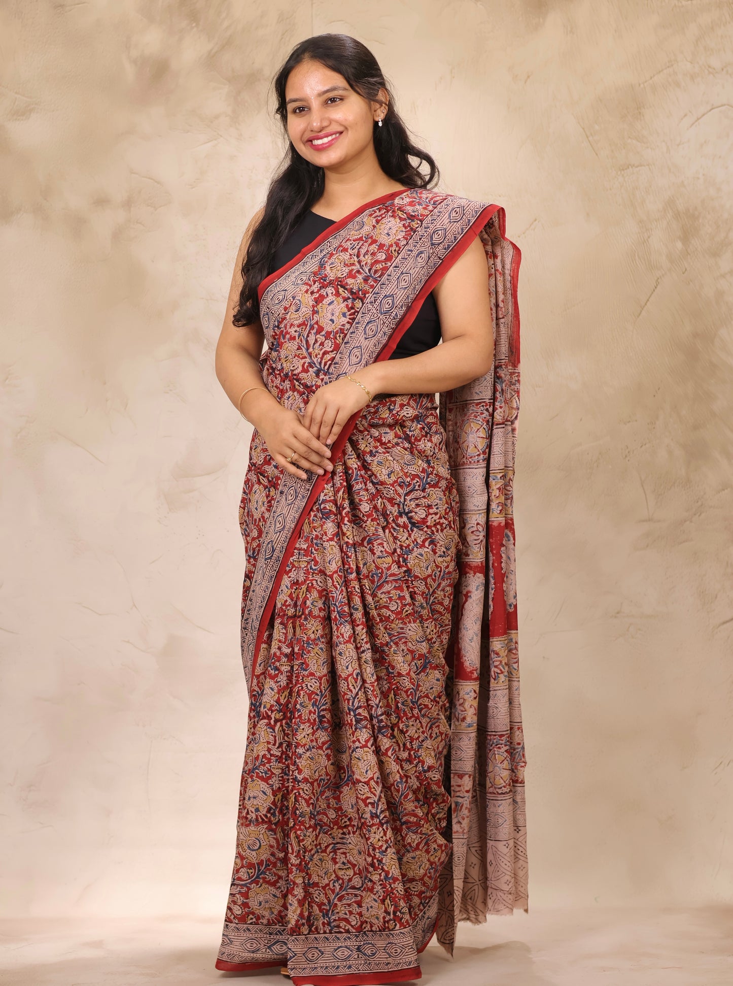 Maroon Hand Block Printed Kalamkari Cotton Saree | Looms & Tassels