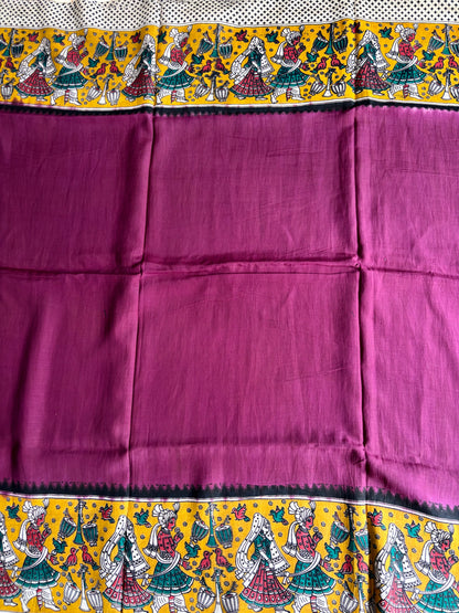 Purple and yellow Kalamkari dyeing premium chennur silk saree