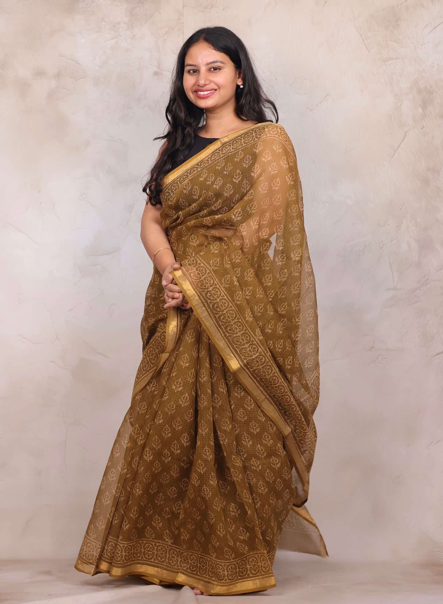 Mustard Pure Kota Doria Saree with Bagru Handblock Prints | Looms & Tassels