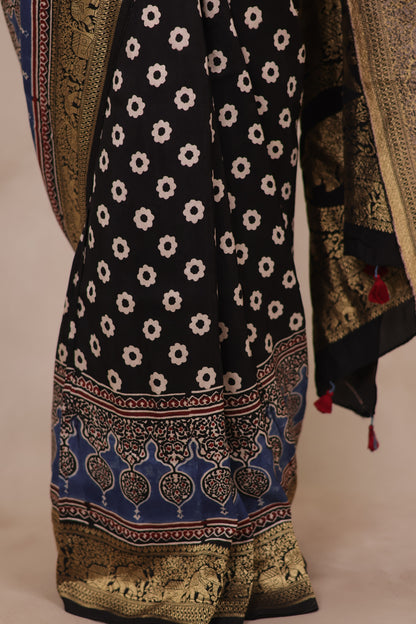 Black Ajrakh Handblock printed Dola Silk Saree | Looms & Tassels