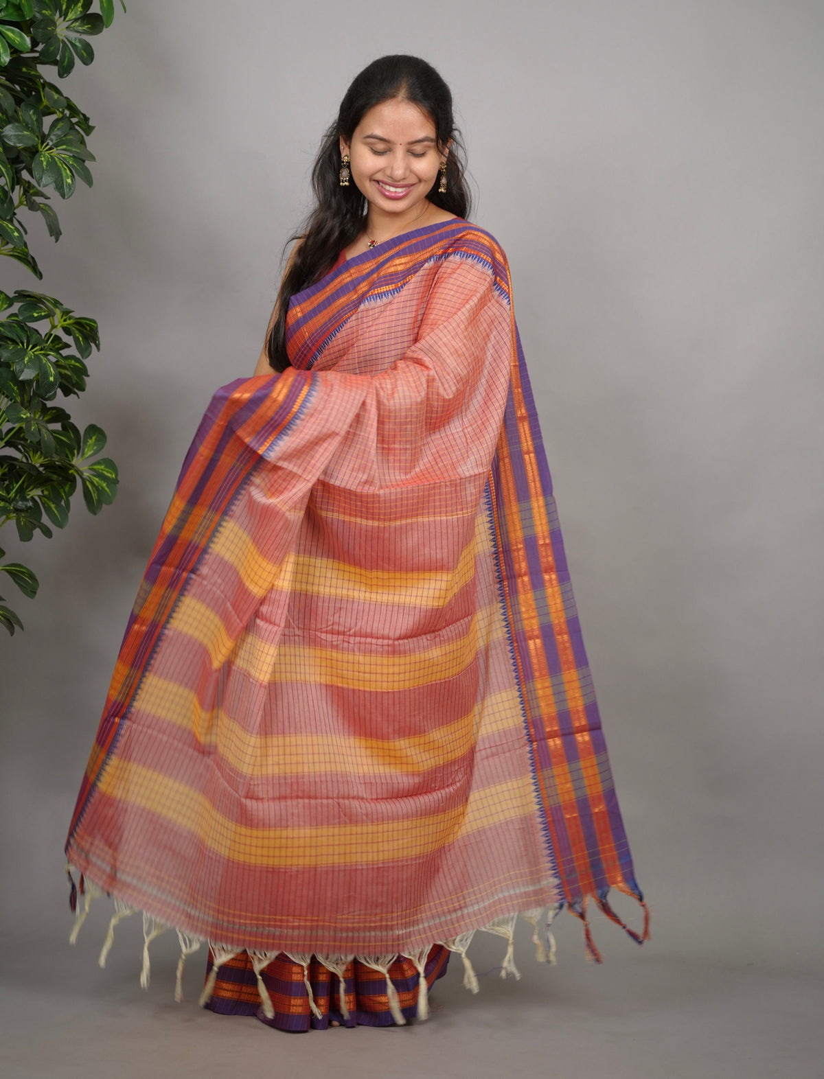 Onion Pink Checks Narayanpet Cotton Saree with Traditional contrast Border | Looms & Tassels