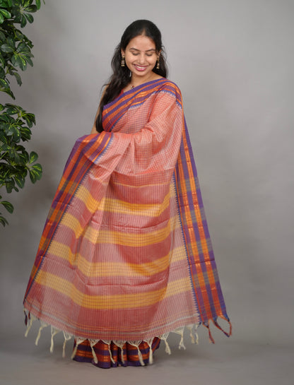 Onion Pink Checks Narayanpet Cotton Saree with Traditional contrast Border | Looms & Tassels