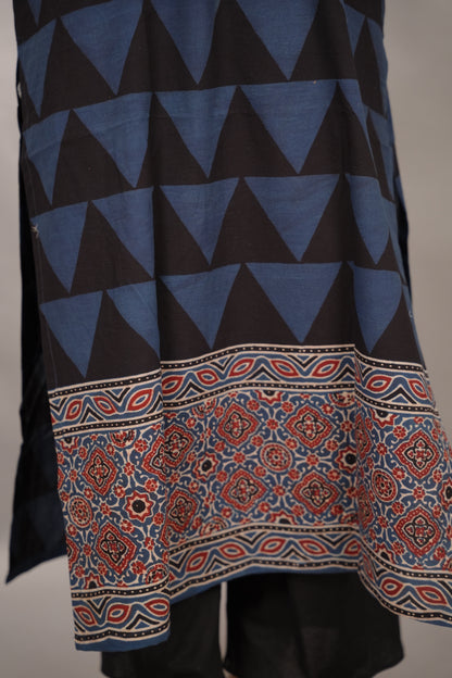 Black & Indigo Ajrakh Pattern Hand Block printed Kurti | Looms & Tassels