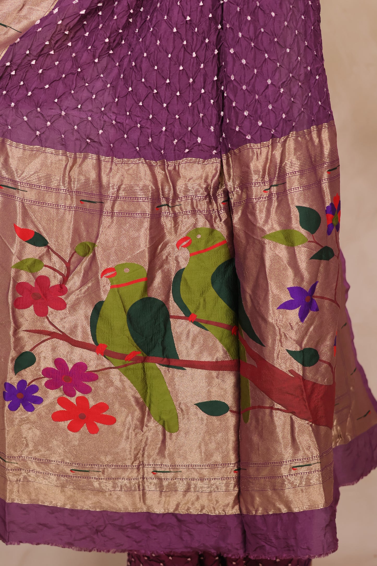 Purple & Pink Handcrafted Bandhani Paithani Dola Silk Saree | Looms & Tassels