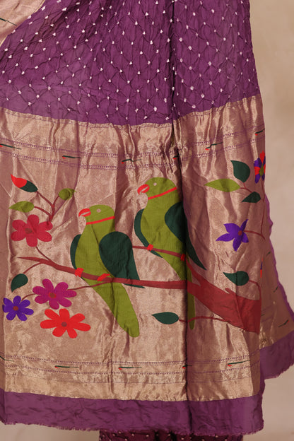 Purple & Pink Handcrafted Bandhani Paithani Dola Silk Saree | Looms & Tassels