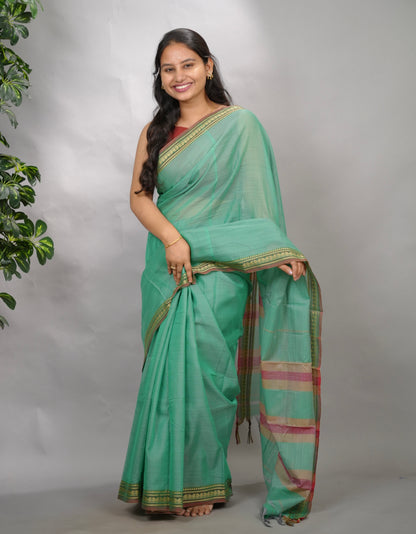 Sea Green Narayanpet Cotton Saree | Looms & Tassels