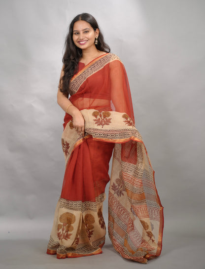 Maroon Pure Kota Doria Saree with Bagru Handblock Prints | Looms & Tassels