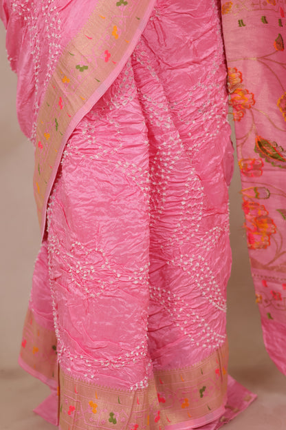 Baby Pink Handcrafted Pattern Bandhani Paithani Dola Silk Saree | Looms & Tassels