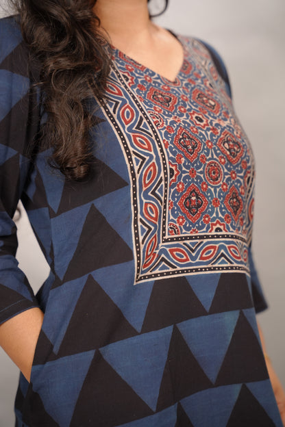 Black & Indigo Ajrakh Pattern Hand Block printed Kurti | Looms & Tassels