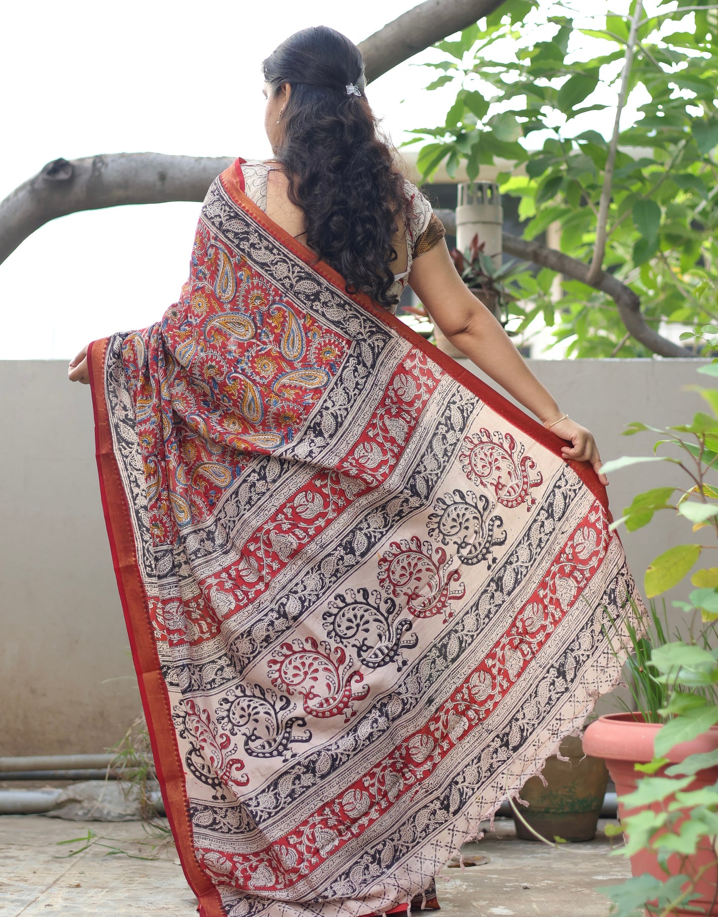 Red Hand Block Printed Kalamkari Nizam Border Silk Sare