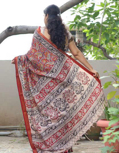 Red Hand Block Printed Kalamkari Nizam Border Silk Sare