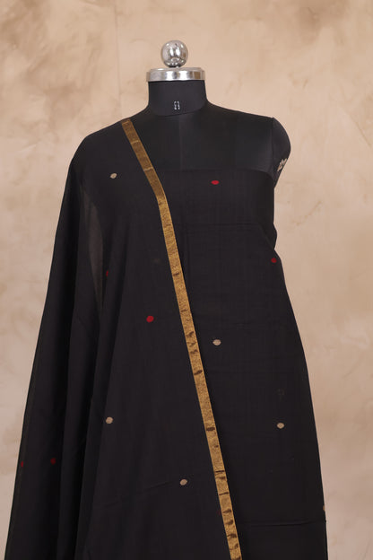 Black Handwoven Jamdhani weaving pure Mercerised Malai cotton 2 piece suit sets | Looms & Tassels