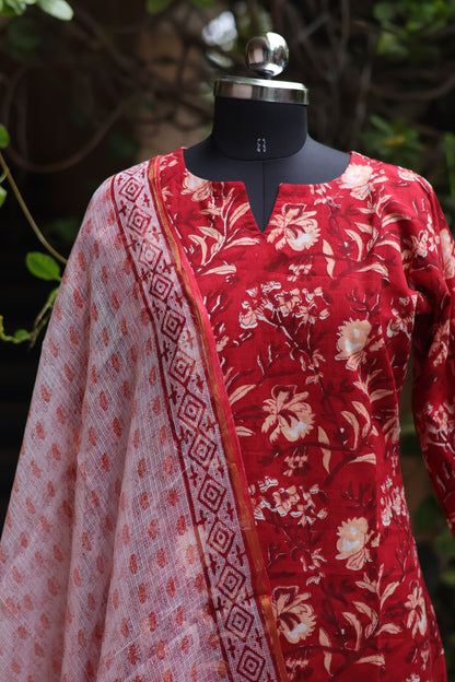 Red Handblock printed Pure Mul Cotton with Kota Doria Duppata 3 piece suit (stitched)