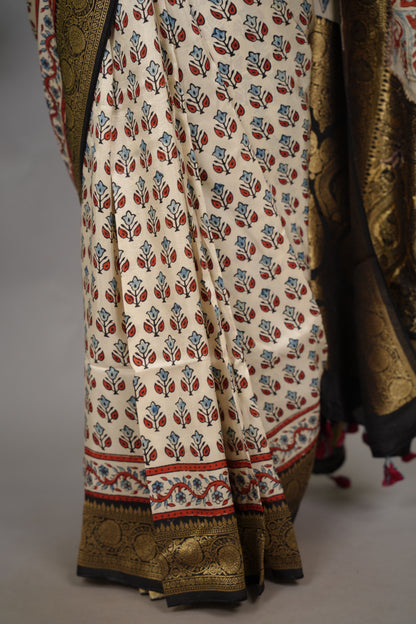 Cream Ajrakh Handblock printed Dola Silk Saree| Looms & Tassels