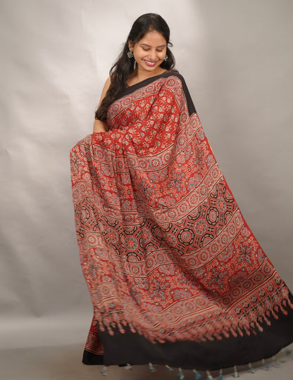 Maroon Authentic Ajrakh Handblock Printed Modal Silk Saree | Looms & Tassels