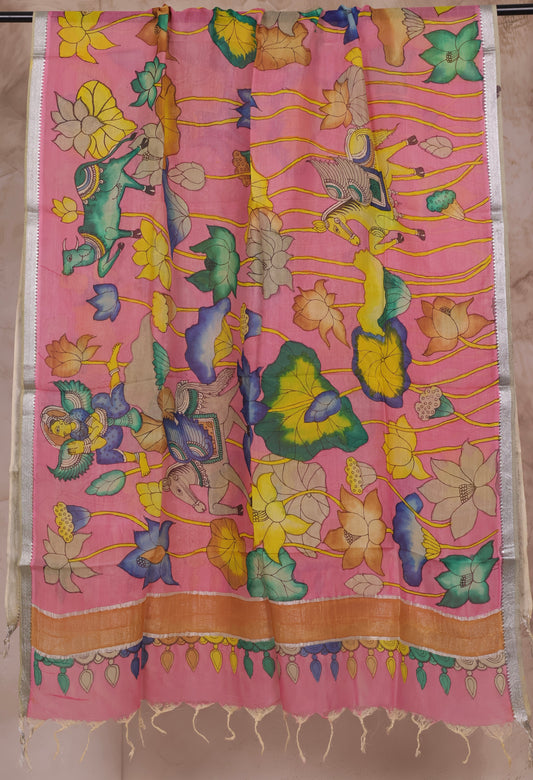 Pastel Pink Pen Kalamkari Mangalagiri silk Dupatta