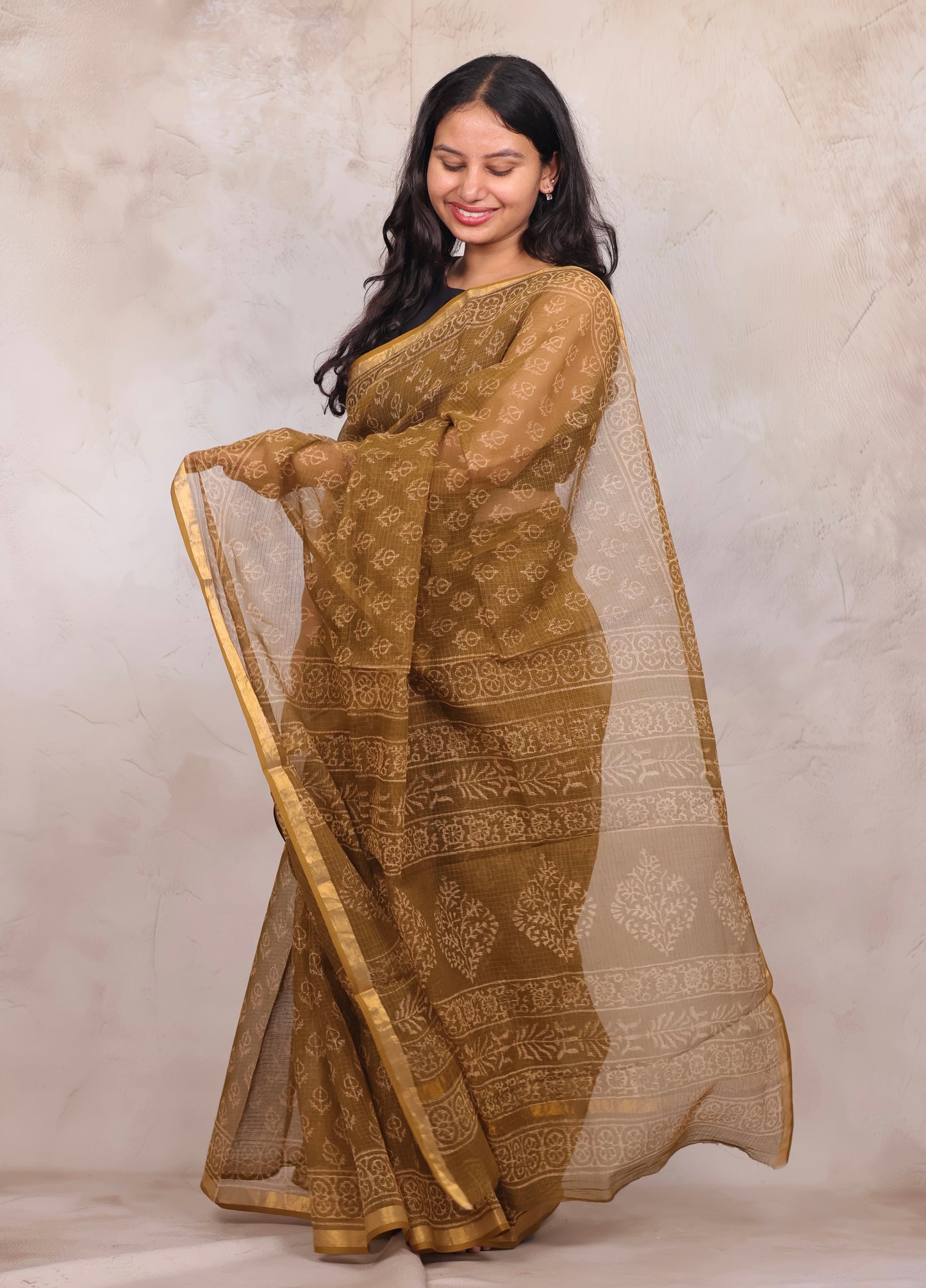 Mustard Pure Kota Doria Saree with Bagru Handblock Prints | Looms & Tassels