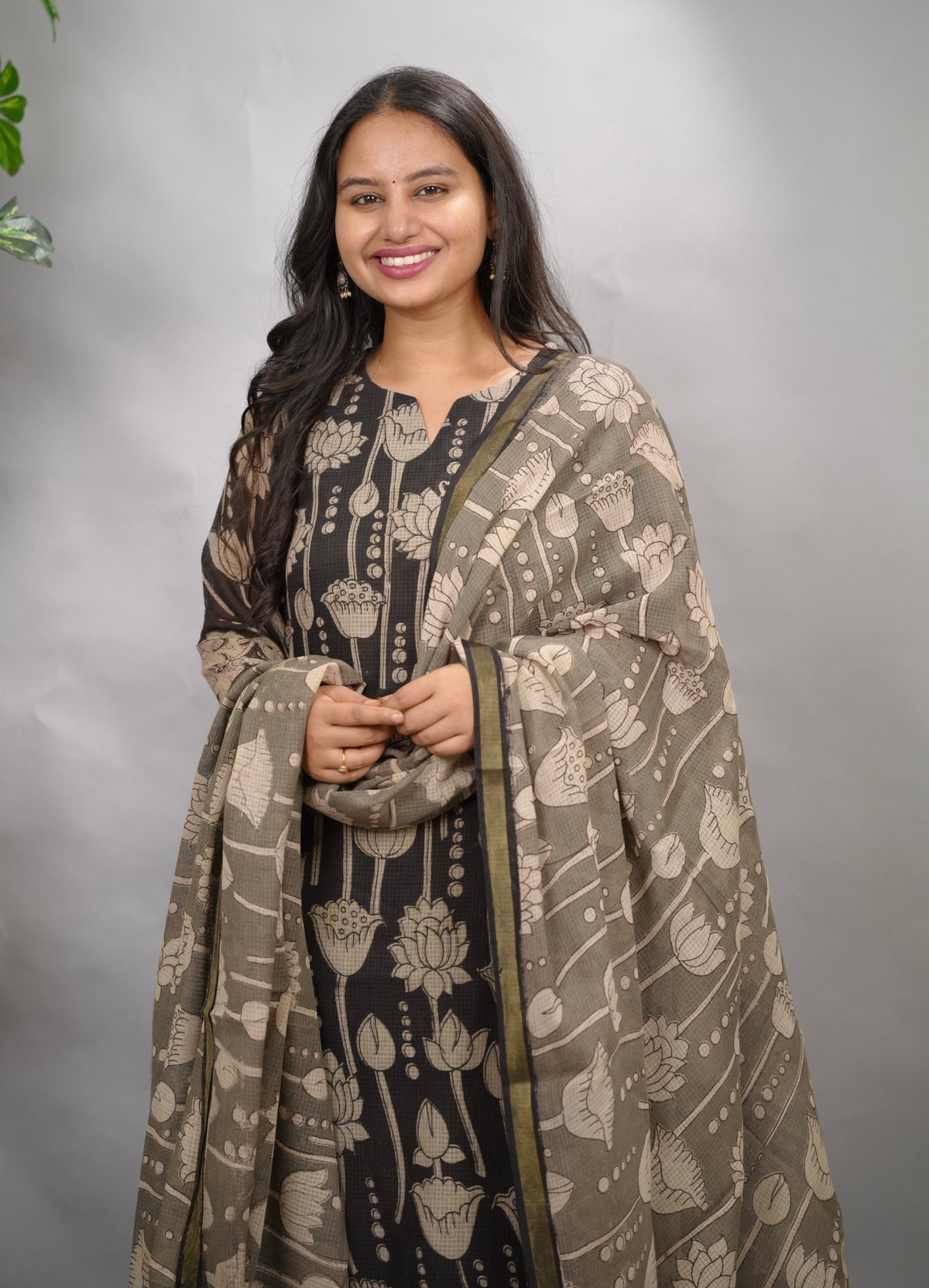 Black Kalamkari Kota Cotton 3 piece suit (stitched) | Looms & Tassels
