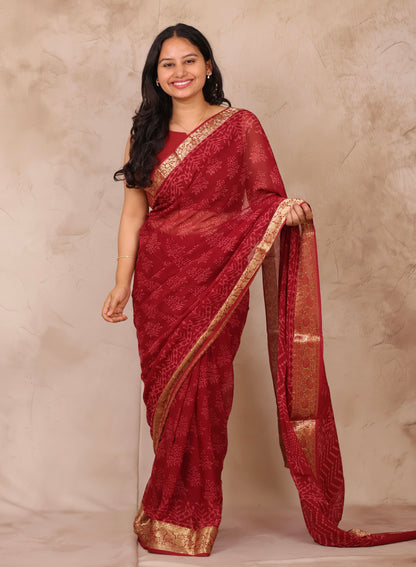 Chiffon Hand Block Printed Saree with Jari Border | Looms & Tassels