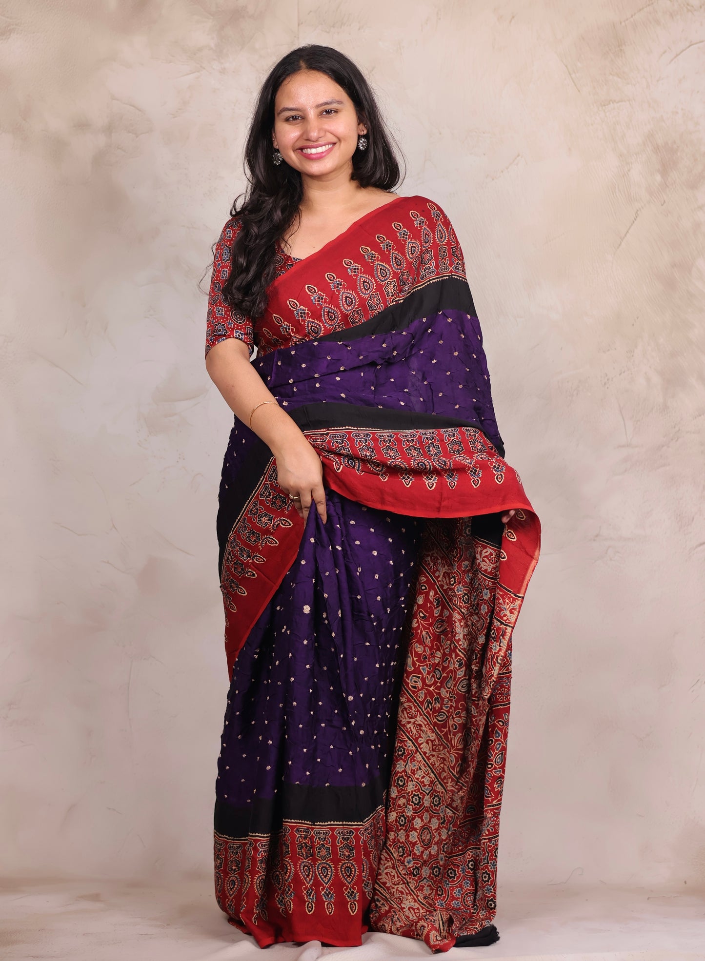 Purple Hand Knotted Ajrakh Bandhej Modal Silk Saree | Looms & Tassels