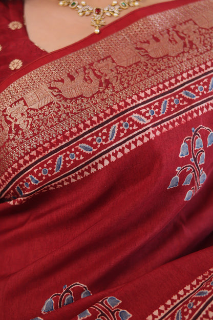 Red Ajrakh Dola Silk Saree