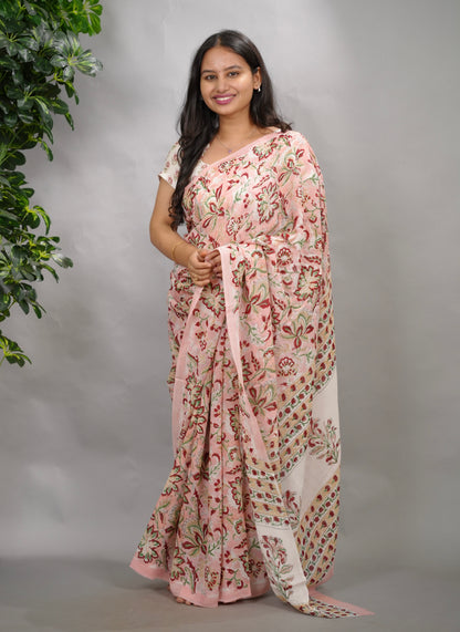 Pastel Pink Georgette Hand Block Printed Saree| Looms & Tassels