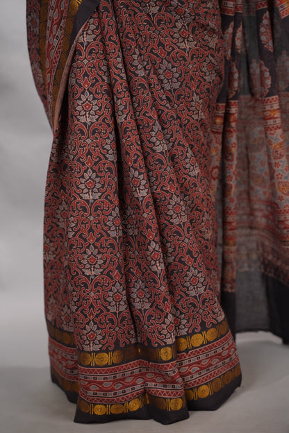 Black & Maroon Ajrakh Hand Block Printed Sungudi Cotton Saree | Looms & Tassels