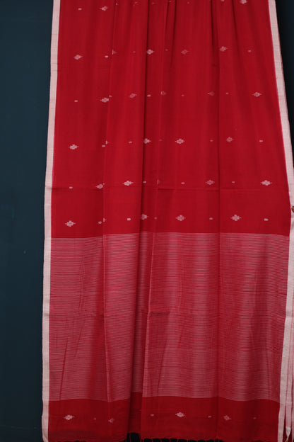 Red Pure Handwoven Mercerised Cotton Saree with Butta Weaving
