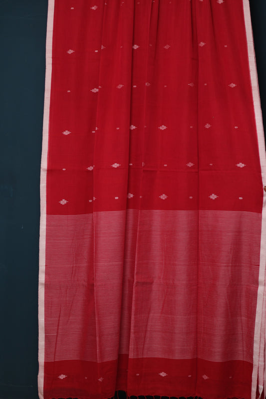Red Pure Handwoven Mercerised Cotton Saree with Butta Weaving