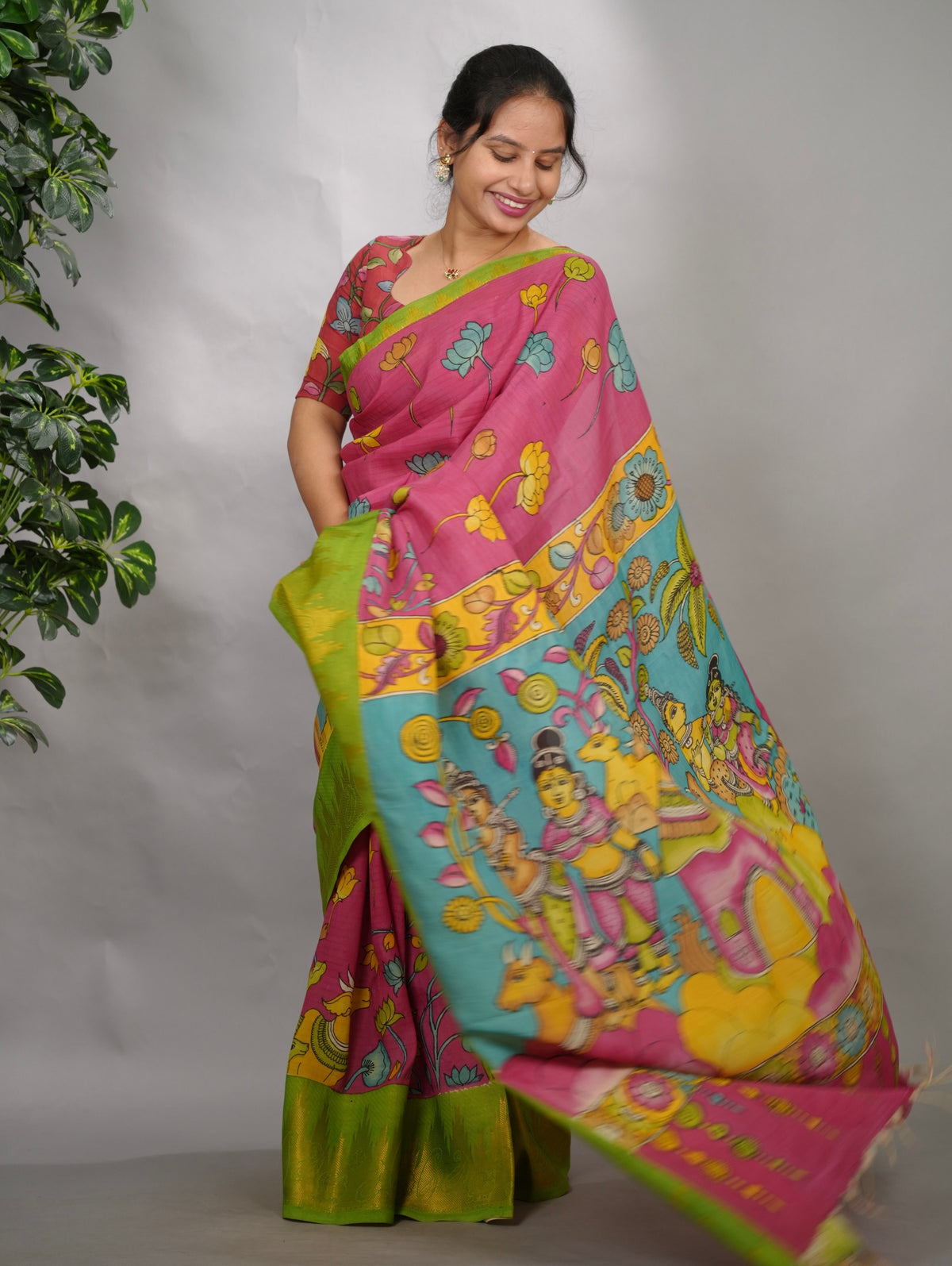 Pink Hand Drawn Pen Kalamkari Bangalore Silk Kanchi Border Saree | Looms & Tassels