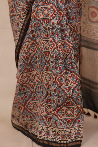 Maheswari Silk Cotton Ajrakh Handblock Printed Saree | Looms & Tassels