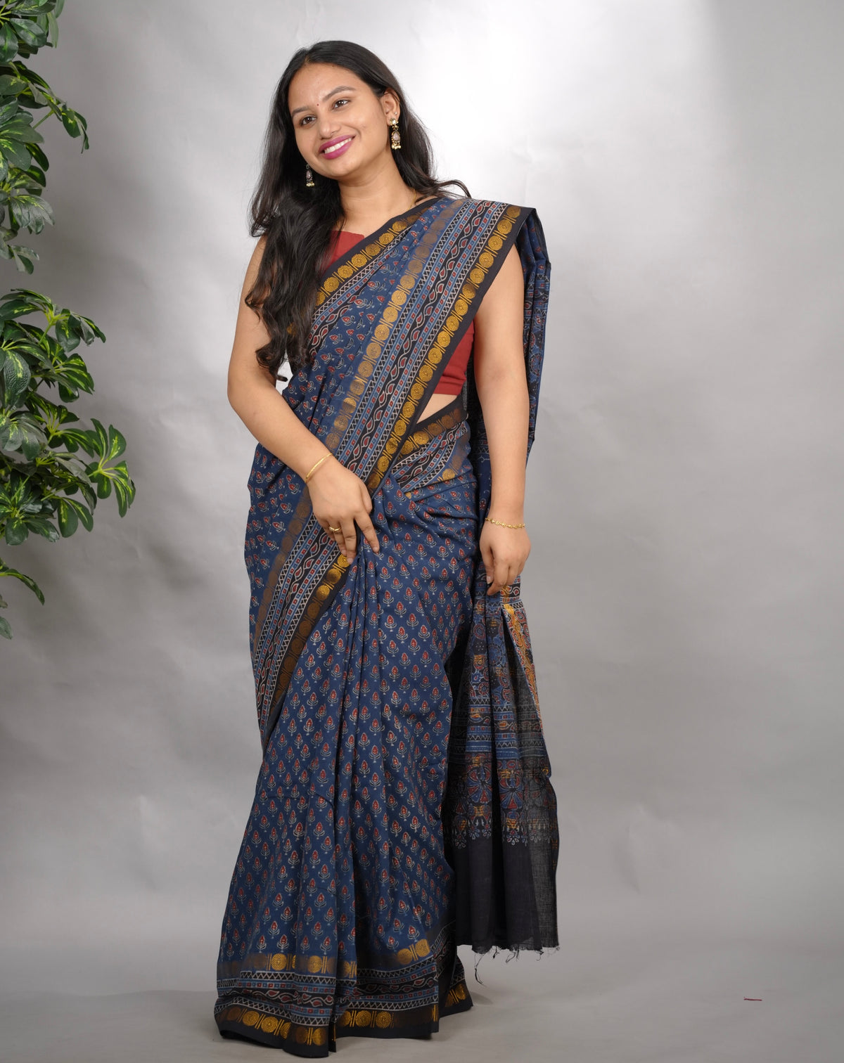 Indigo Ajrakh Hand Block Printed Sungudi Cotton Saree | Looms & Tassels