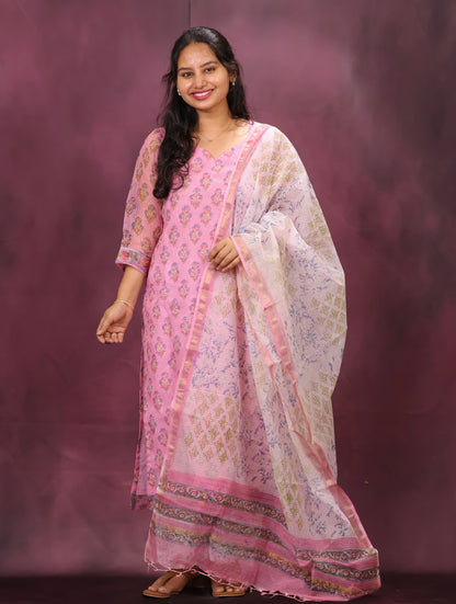 Pink Handblock printed kota 3 piece suit (stitched)