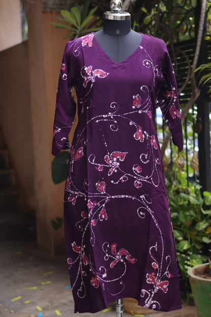 Purple Hand drawn Batik silk Kurti