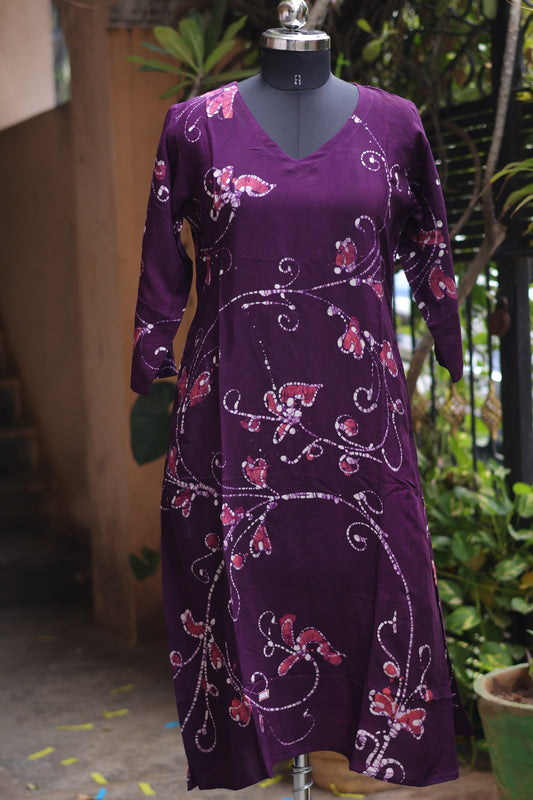 Purple Hand drawn Batik silk Kurti